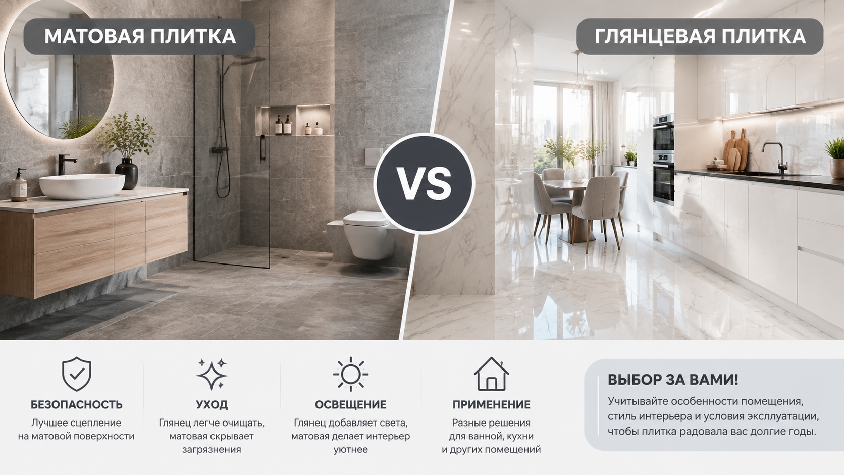 Матовая или глянцевая плитка: что лучше для ванной, кухни и других помещений