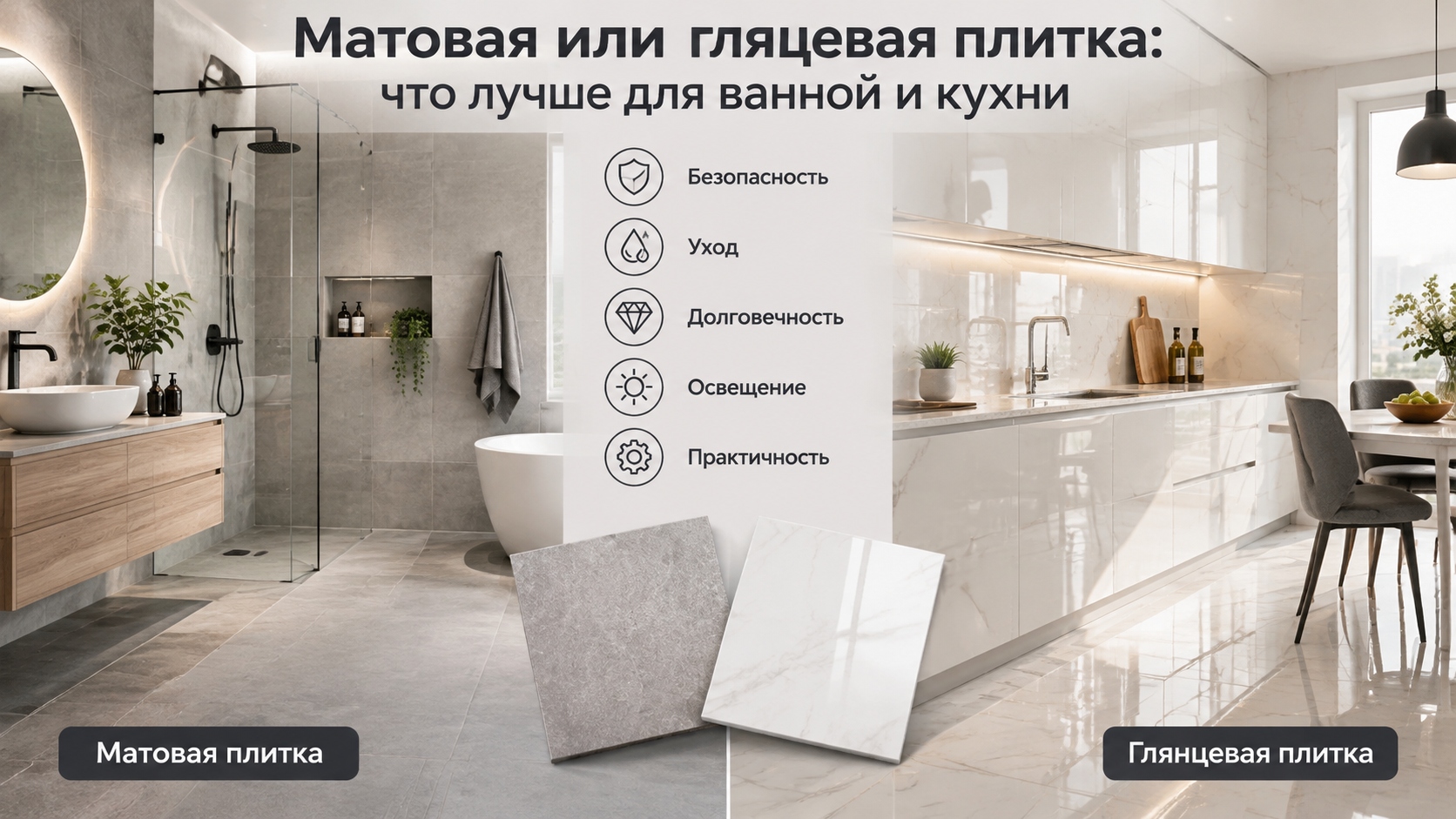 Матовая или глянцевая плитка: что лучше для ванной и кухни