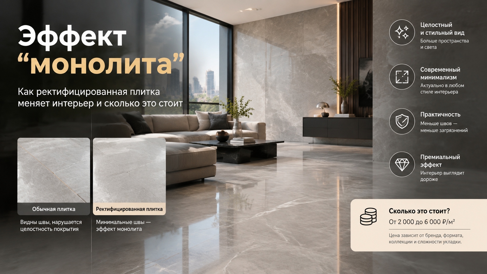 Эффект “монолита”: Как ректифицированная плитка меняет интерьер и сколько это стоит